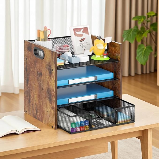 Wood Desk Organizer - 4-Tier Desktop File Organizer with Drawer, Wooden Paper Tray, Office Desk Organizer for Papers, Mail, Notebooks, Stationery