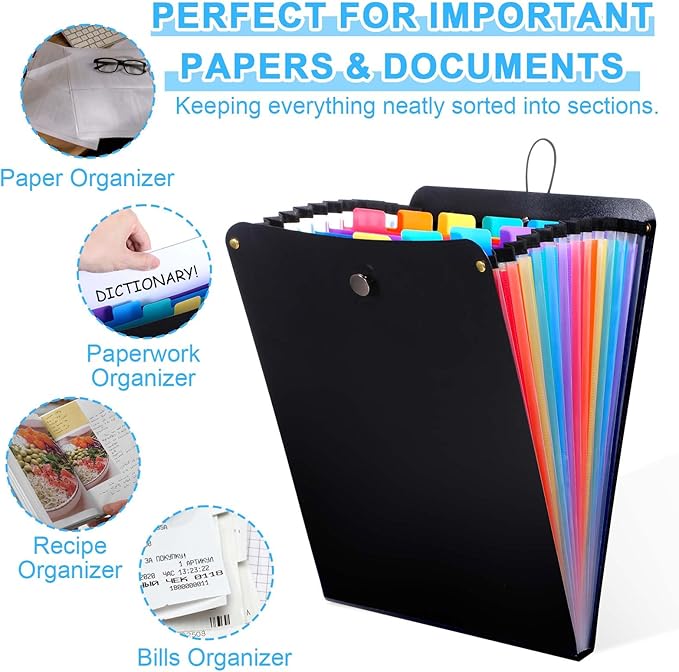 2 Pcs Expanding File Folder, 13 Pockets Vertical File Folder Accordion File Organizer, A4 Letter Size Paper Document Receipt Organizer Accordion Filing Folder for Classroom, Home, Office and Travel