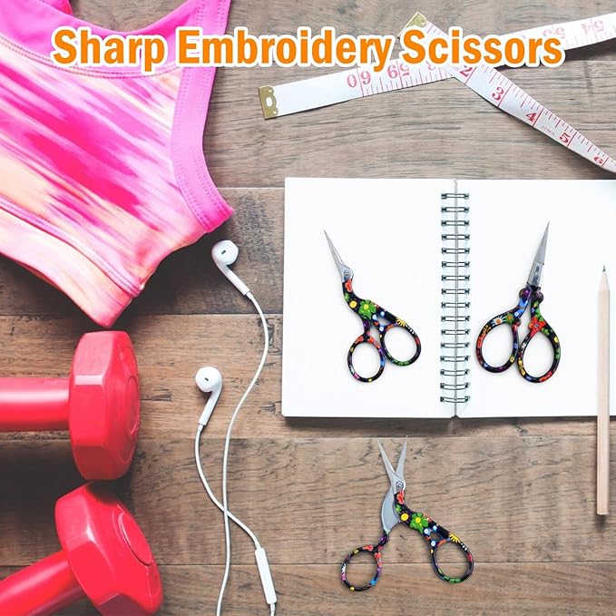 AQUEENLY Embroidery Scissors Vintage 2 Pcs Stainless Steel Stork Scissors Small Sewing Scissor Sharp 3.6 Inches Crochet Scissor for artwork, Threading, Needlework, Black Flower Style
