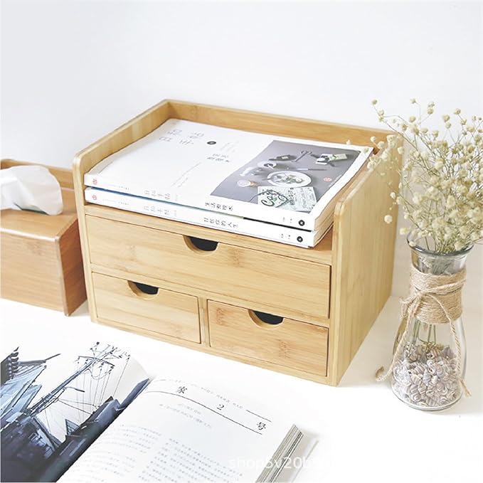 3 Drawer Bamboo Desk Organizer with Shelf – Makeup Storage & Tabletop Organizer for Home Office, Workspace, or Bathroom – No Assembly Required