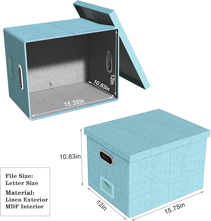2 Pack File Storage Organizer - Portable Filing Box with Lid, Fits Letter/Legal File Folders, Light-blue