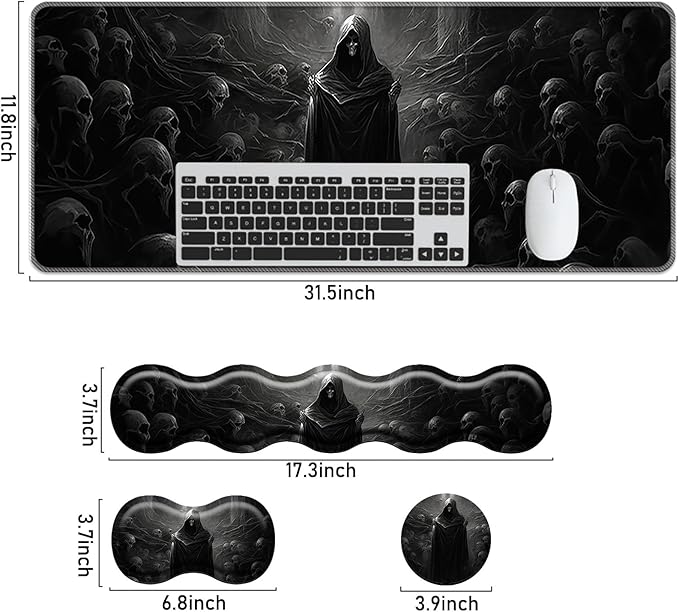 Keyboard Mouse Pad Set,Large Mouse Pad+Keyboard Wrist Rest+Wrist Support+Coaster,31.5x11.8in Extended Desk Mat for Computer Laptop Office Home-Spectre
