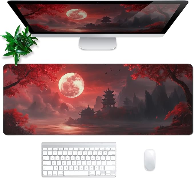 Red Landscape Mouse Pad Abstract Red Mouse Pad 31.5x11.8 Inch Landscape Texture Non-Slip Rubber Base Large Mousepad Stitched Edges Keyboard Mouse Mat Desk Pad for Office and Home