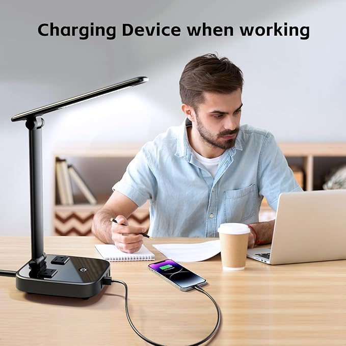 LED Desk Lamp with 4 USB Charging Ports and 2 AC Outlets,5ft Extension Cord Power Strip Station, 3 Level Brightness, Touch Dimmer Control, Office Table Eye Care Lamp Bedroom Hotel