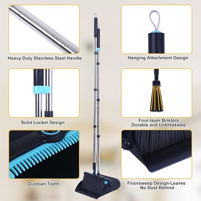 Heavy Duty Broom and Standing Dustpan Combo Set, Rotatable Head Dust Pan and Brush Set with Collapsible Handle, Cleaning Teeth, Hanging Loop, Ideal for Pets, RV, Kitchen, Camping, Outdoor Floor, Black