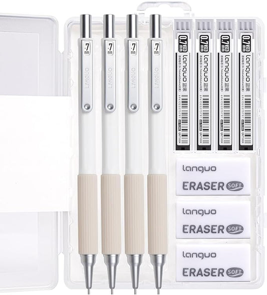 Mechanical Pencil Set with Case, 4PCS 0.7mm Art Mechanical Pencils + 40PCS HB Lead Refills + 40PCS 2B Lead Refills + 3PCS Erasers+ 1PCS Case, Drawing Mechanical Pencils for Writing, Sketching