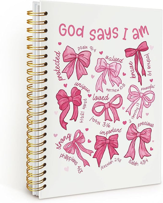 Coquette Pink Bow Notebook Journals, God Says I am Christian Notebook Journal for Women, Bible Notebooks for Note Taking，Coquette Office Supplies Hardcover Spiral Notebook 5.5x8.3