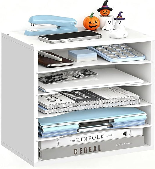 5-Tier Wood Desk Organizer, Paper Tray Organizer for Desk with Adjustable Storage Shelves, Desktop Paper Sorter Mail Holder for Office Home Classroom, White