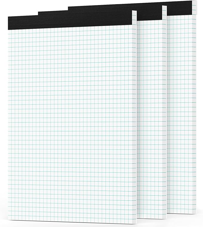 Grid Paper Pads 8.5 x 11, 3 Pack, 4x4 Blue Quad Graph Paper Pads 8.5 x 11, White Quadrille Pad, Easy Tears Off, Cardboard Backing, Grid Notebook 8-1/2" x 11", 70 GSM Graft Paper, 30 Sheets/Pad