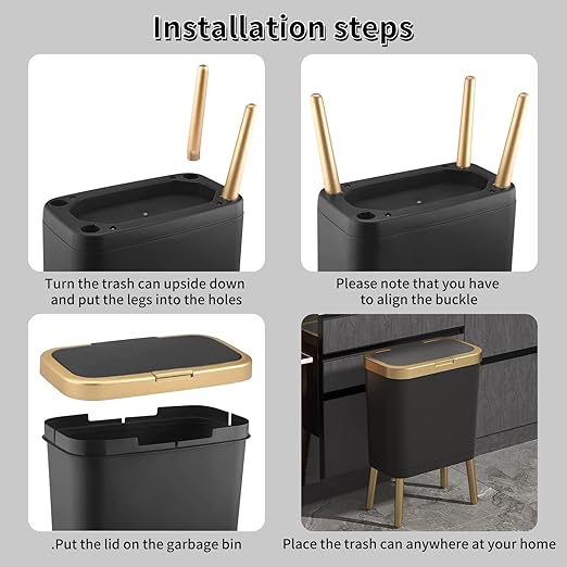 Procade 2Pack Office Trash Can with Lid, 4 Gallon Gold Trash Can Bathroom,Black Garbage Can with Push Button, Narrow Garbage Bin Waste Basket for Bedroom, Kitchen,Toilet(Black x2)