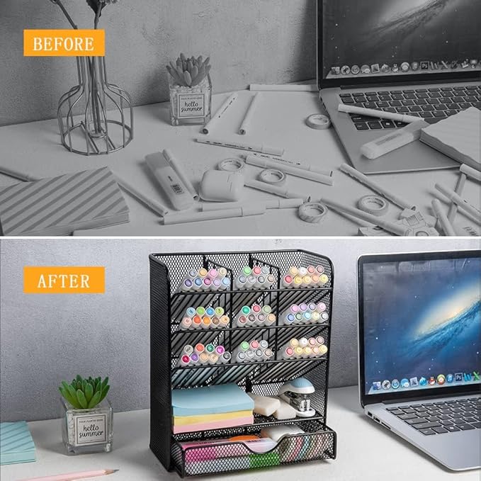 Spacrea Metal Pen Organizer, Pencil Holder for Desk, Desk Organizer with Drawer for School, Home, Art Supplies (Black)