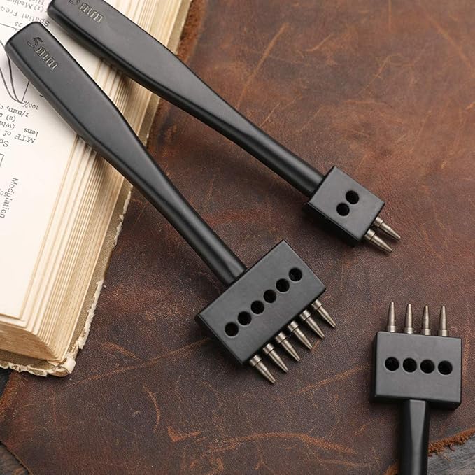 Leather Hole Punch, Prong Punch, Black Hole Punch Tool 5mm, 2/4/6 Lacing Stitching Punch, Round Hole Prong Stitching Chisel Set Leather Working Tools for Leathercraft