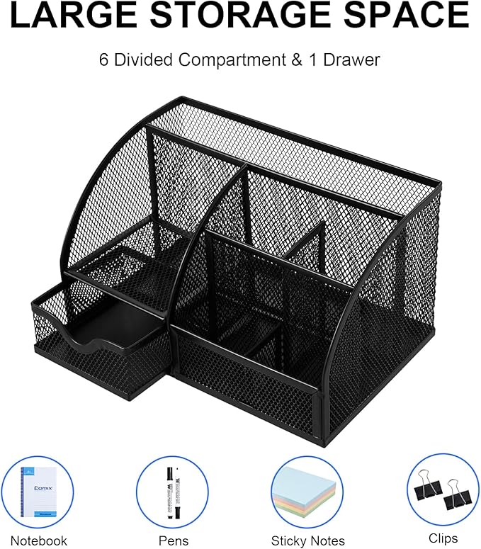 Comix Mesh Pen Pencil Holder Desk Organizer, 7 Compartment Wire Desktop Pen Pencil Cup Caddy Office Supplies for Home Office School, Black