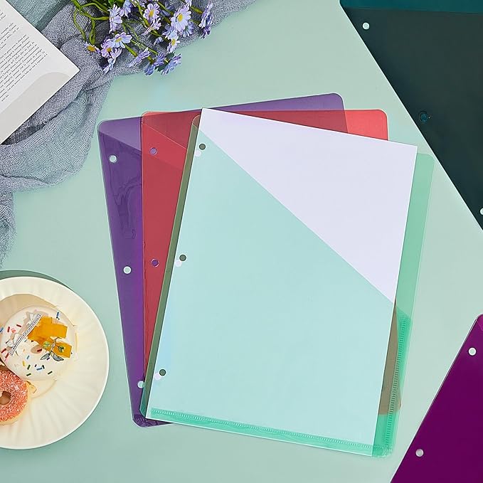 Maitys 50 Pack Binder Pockets 3 Hole Punch Clear Plastic Document Folders Binder Organizer Store Letter Size 8.5x11 Inch Paper Folders with Pockets Slash File Jacket for Office (Happy Color)