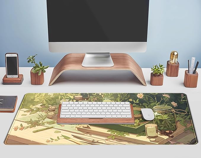 Green Gardener Desk Mat Anime Forest XL Gaming Mouse Pad Plant Lover Desk Pad with Stitched Edges, Women Desktop Decor Mousepad Laptop Computer Keyboard and Mouse Mat Desk Accessories 31.5x11.8 in