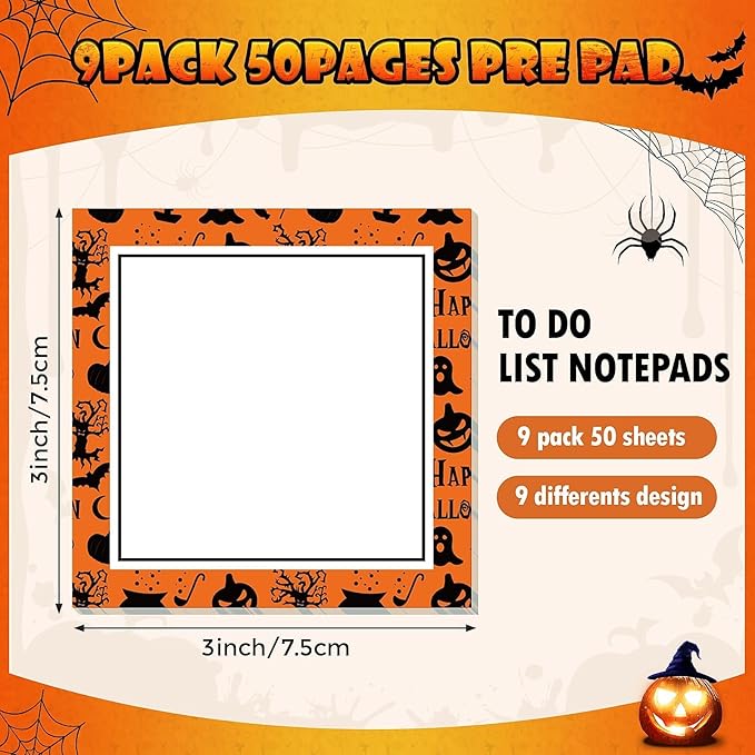 9 Pieces Halloween Sticky Note Self-Adhesive Halloween Post It Notes with Spider Pumpkin Bat Eyeball Halloween Memo Notes for Halloween School Office Home Students Teachers Presents 50 Sheets Each