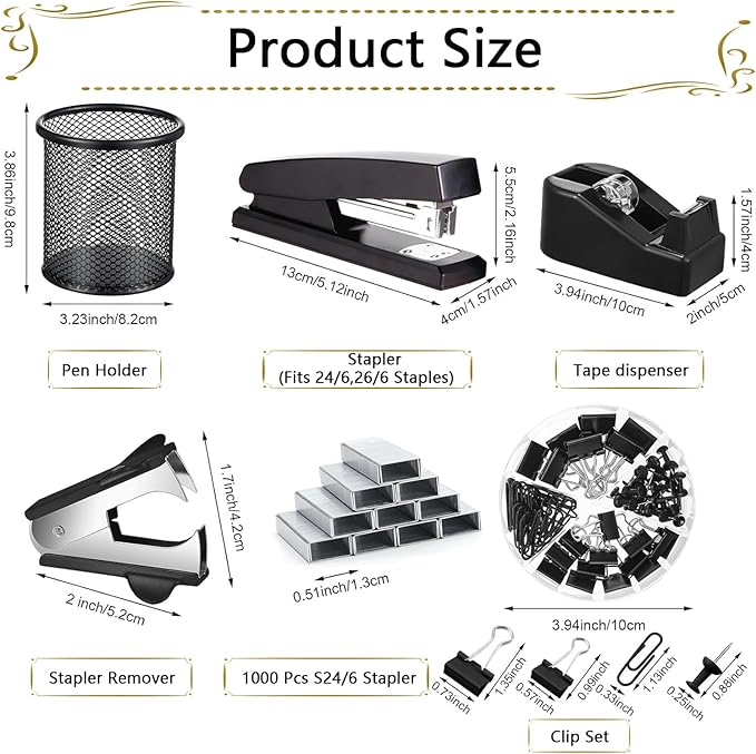 Office Supplies,Desk Accessories, Stapler and Tape Dispenser Set for Women with Stapler, Tape Dispenser, Staple Remover, Staples, Clips, Scissor and Tabs,Gift for Students, Coworkers