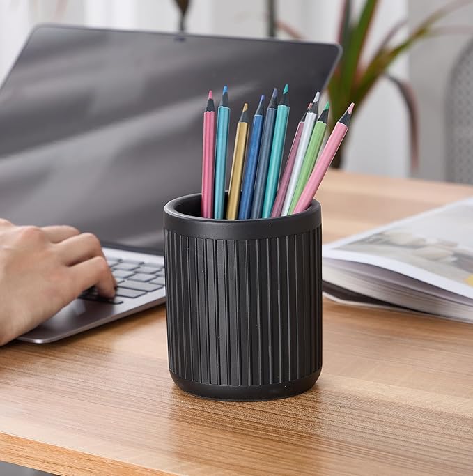 Aesthetic Charcoal Black Pen Holder for Desk - Concrete Modern Sturdy Black Pencil Holder for Desk- Cement Fluted Pen Cup Organizer - Minimalist & Modern Industrial Aesthetics to Office Decor