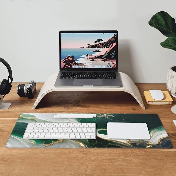 Desk Pad,Office Desk Mat 31.5"×11.8" Large Gaming Mouse Pad,Durable Extended Computer Mouse Pad,Waterproof Thick Big Mouse Pads with Non-Slip Rubber Base Office Home Green White Marble