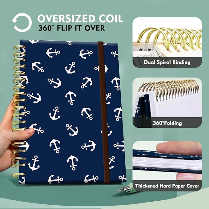 Spiral Journal Notebook,Strong TwinWire Binding with Premium Paper for Girl Women,Cool Funny 120 Pages,100gsm A5 College Ruled NotebookJournal,Perfect for Gifts Nurse Teacher Women(Blue anchor)