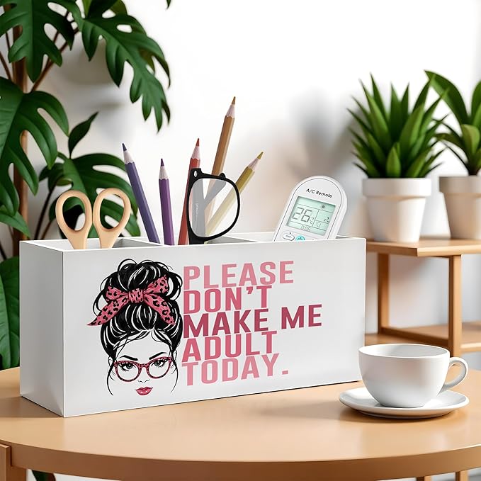 Funny Pencil Pen Holder for Desk, Funny Office Gifts for Women, Please Don't Make Me Adult Today Wooden Pencil Holder Organizer for Home Office Desk Accessories