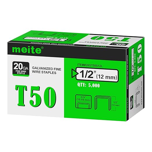 meite T50 Staples, 1/2 Inch Heavy Duty Staples for Staple Gun, Galvanized 20 Gauge 3/8 Inch Crown Staple for Upholstery, Construction, Furniture (5 Boxes)