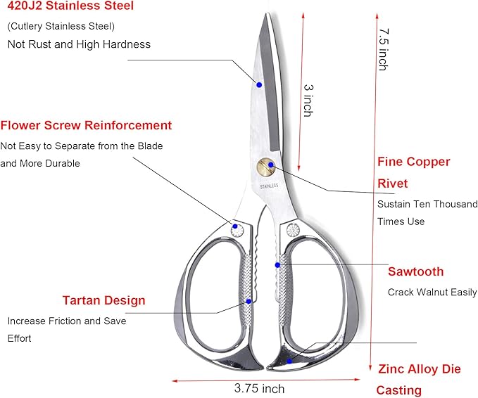 7.5in Stainless Steel Kitchen Scissors, Heavy Duty Shears for Chicken, Meat, Food, Vegetables, BBQ (Silver)