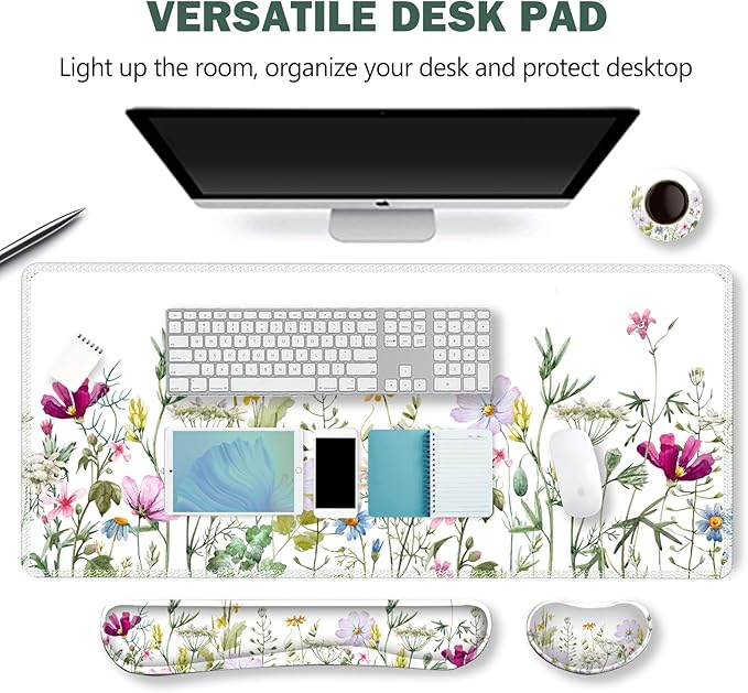 ARTSO Gaming Mouse Pad Wrist Support Set, XXL Large Desk Mat Mousepad + Keyboard Wrist Support+ Mouse Wrist Rest+Coaster 4in1 Ergonomic, Memory Foam for Home Office -White Flowers Plants