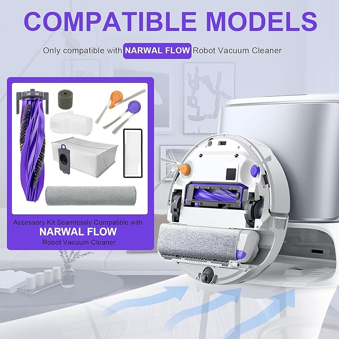 Replacement Accessories Compatible with Narwal Flow Robot Vacuum Cleaner (2 Main Brush, 4 Roller Mop Pads, 6 Dust Bags, 6 Hepa Filter, 8 Side Brushes, 2 Filter Cotton Pads, 1 Dustbin Liner)