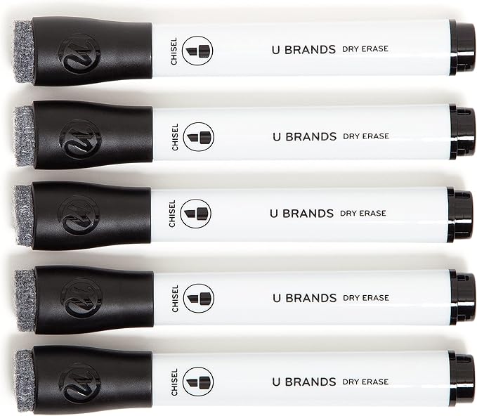 U Brands Fine Tip Dry Erase Markers with Eraser, Whiteboard Markers with Chisel tip, Extra Ink, Low Odor, Black, Set of 5