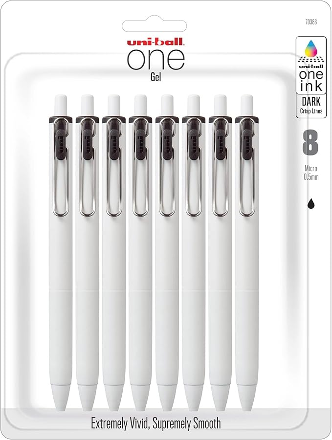 Uniball One Retractable & Refillable Gel Pen, 0.5mm Micro Tip, Black Ink, 8 Pens