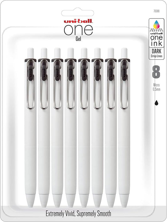 Uniball One Retractable & Refillable Gel Pen, 0.5mm Micro Tip, Black Ink, 8 Pens