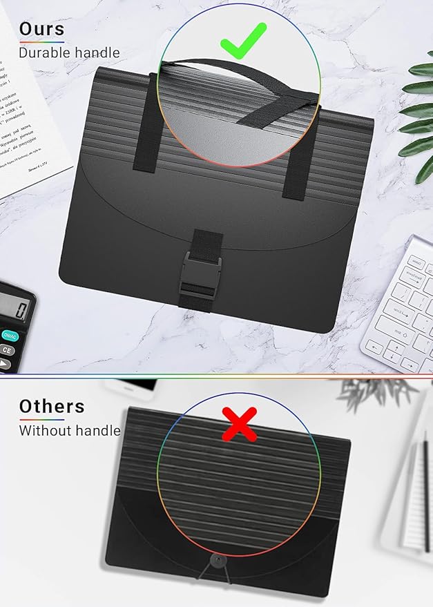 Expanding File Folders/Accordion File Organizer/Portable File Box,13 Pockets Expandable Filing Folder with Handle for Document Paper Receipt Bill Organizer,A4/Letter Size,Colored Tabs,Black Matte