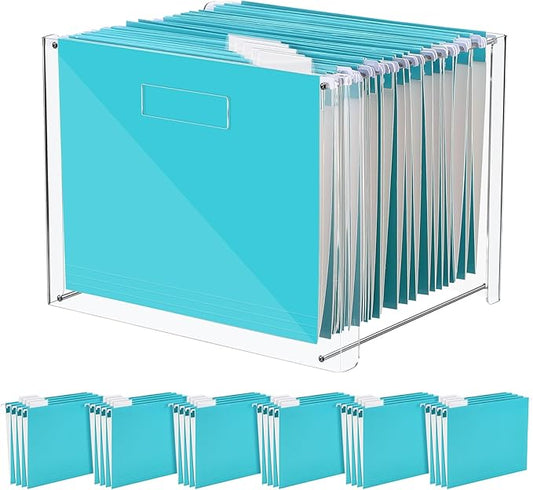 24 Hanging File Folder with Acrylic Organizer for Letter/a4 Size Desktop Clear File Storage Box with Handles for Home Work Office Use(Blue,Classic)