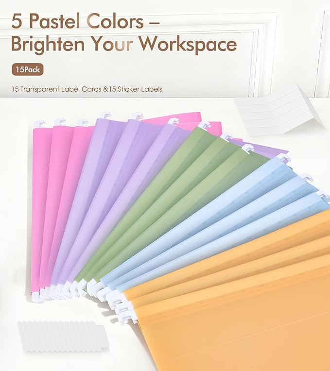 Plastic Hanging File Folders, 15 Pack Letter Size – Waterproof, Tear-Resistant, Pastel Colors with Expandable Bottom & 1/5-Cut Tabs for Filing Cabinets & Office Organization(A)