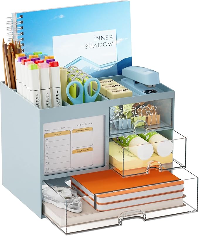 Marbrasse Desk Organizer with 3 Drawer, Multi-Functional Pencil Pen Holder for Desk, Desktop Organizer Storage for Office Home Art Supplies (Blue)