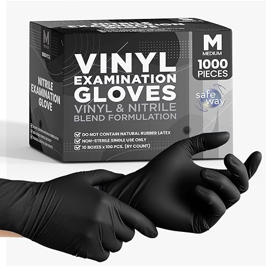 Nitrile-Vinyl Blended Disposable Gloves, Powder-Free & Non-Latex Gloves, 1000, Protective Gloves for Medical Exams, Cooking & Household Cleaning, 4 Mil Thick Non-Sterile Secure Grip Black, Medium