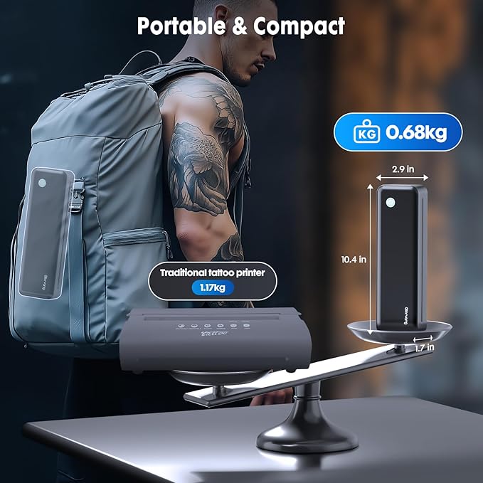 Wireless Tattoo Transfer Stencil Printer, Portable Thermal Tattoo Machine for Tattoo Beginners with 40pcs Stencil Paper, Compatible with Smartphone & PC, Rechargeable & Inkless, Black