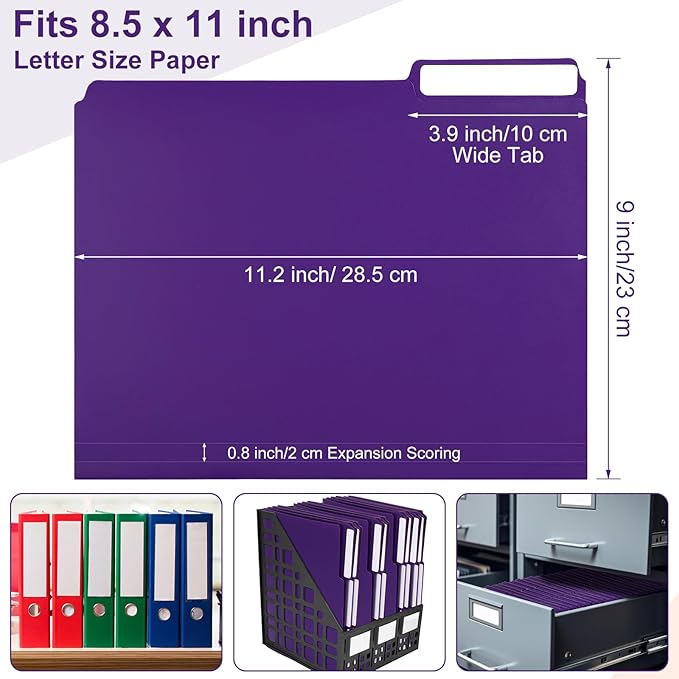 48 Pack Colored Plastic File Folders with Tabs and Sticky Labels Sturdy 1/3 Cut Tab Manila File Folders Letter Size 8. 5 x 11 Inch for Office Home Supplies Organizer Documents(Purple)