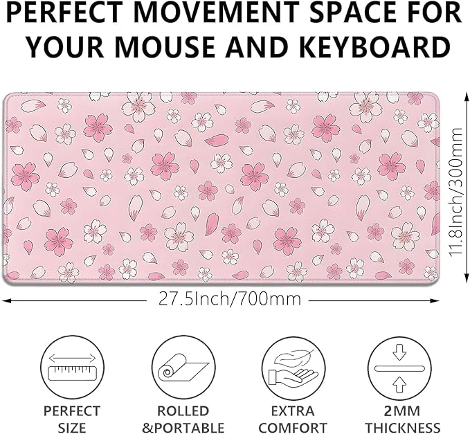 Japanese Cherry Blossoms Extended Desk Pad Mouse Pad,Large Gaming Floral Mouse Mat with Stitched Edges,Non-Slip Rubber Base Mousepad for Office Computer Keyboard Laptop Home(27.5X11.8 in)