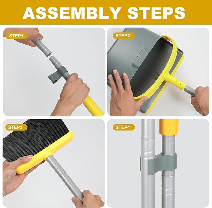 Dirty Fox Broom and Dustpan Set with 54 Inch Long Handle - Perfect Dust Pan and Brush Combo for Home Efficient Cleaning (Yellow and Grey)