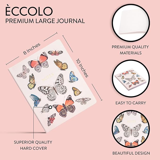 Eccolo Large Lined Journal Notebook, Hardbound Cover, Writing Journal, 256 Ruled Cream Pages, Ribbon Bookmark, Lay Flat, Desk Size for Work or School (Butterflies, 8x10 inches)