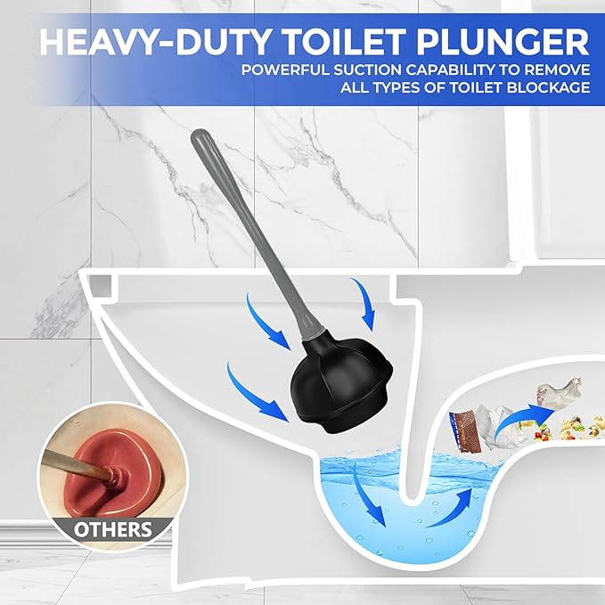 2 in 1 Toilet Brush and Plunger Set - Toilet Brush with Solid Handle, Stand and Holder for Deeply Cleaning in Bathrooms - Plastic Toilet Brush and Holder Set in Grey