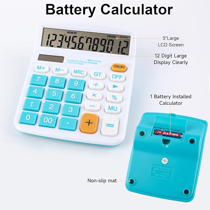 Meichoon Calculator Large Display Desktop Solar Battery Dual Power 12 Digit Financial Dedicated Standard Function Business Calculator Multifunctional KA08 Blue