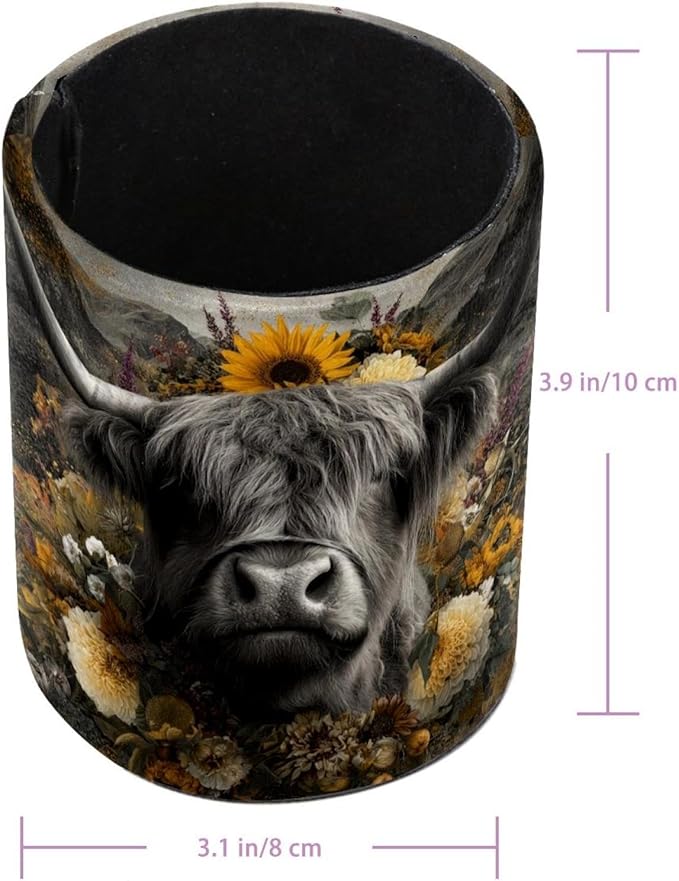 Watercolor Sunflower Yak PVC Leather Circular Pencil Holder for Desk Organizer Stationery Holder for Office, School(3.9 x 3.1 Inches)