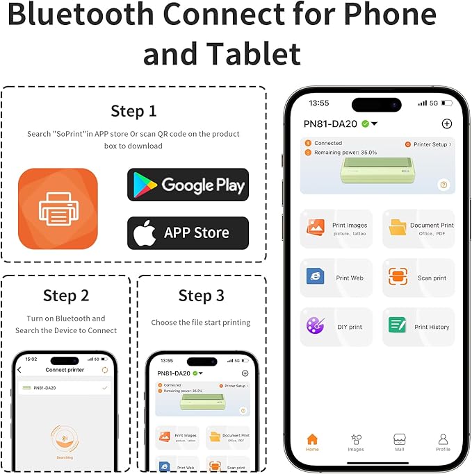 Rongta Portable Printer Wireless for Travel,300DPI Bluetooth Inkless Thermal Printer, for Office/School/Home Use,Compatible with Android,iOS & Laptop,Support 8.5" X 11" US Letter