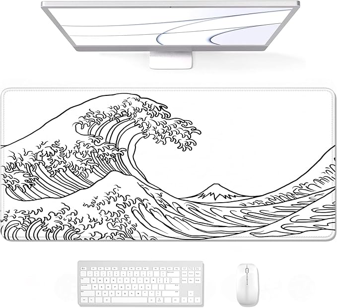Auhoahsil Large Mouse Pad, XXL Gaming Mousepad, Desk Mat for Desktop, Thick Rubber, Big & Long Size, Stitched Edges, Full Desk Pad for Laptop & Computer, Extended 35.4 x 15.7 in, White Great Wave