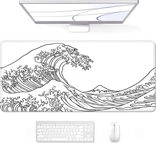 Auhoahsil Large Mouse Pad, XXL Gaming Mousepad, Desk Mat for Desktop, Thick Rubber, Big & Long Size, Stitched Edges, Full Desk Pad for Laptop & Computer, Extended 35.4 x 15.7 in, White Great Wave