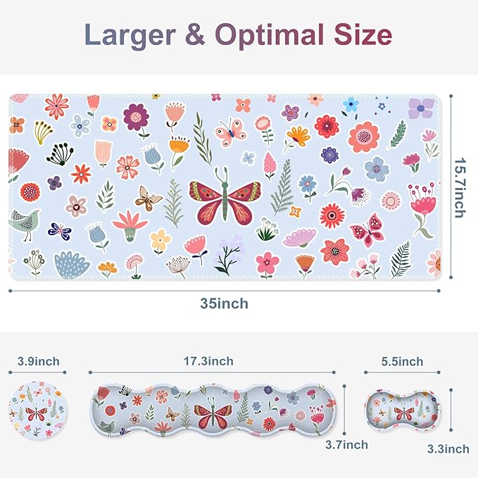 Desk Mat Gaming Mouse Pad, Cute Desk Matt Keyboard Wrist Rest for Desktop, Anti-Slip Big Mousepad Stitched Edges, XXL Large Mouse Pad with Wrist Support for Home Office I Butterfly & Flower
