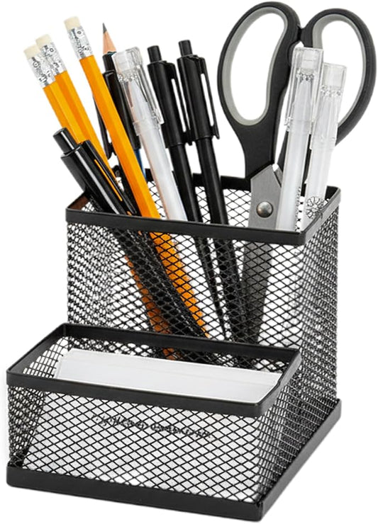 Pen and Business Card Holder for Desk | Black Mesh Desk Organizer Pencil Holder | Minimalist Desk Pencil Holder & Black Wire Desk Organizer for Tabletop | Table Top Stationary Organizer